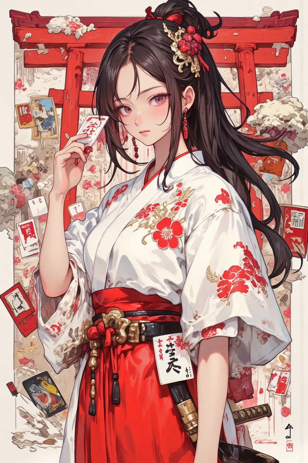  A woman who is a Japanese style monster exterminator , shrine maiden costume based on white and red tones , hairpin（ hairpin）,Hair ornament flower, A shrine maiden costume based on white and red in the background , White jacket（Short sleeves） and red haka...