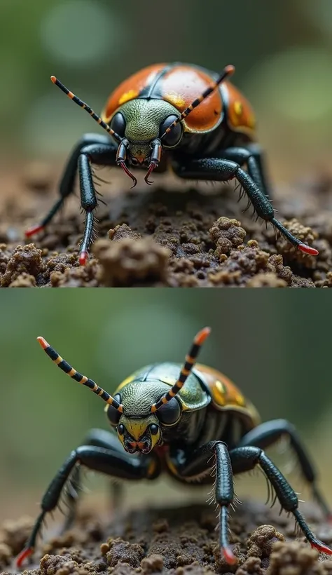 "A dramatic and cinematic full-body 'versus' comparison image featuring two unique creatures in their natural environments. The top image showcases a beetle. on the bottom image showcase a monster ladybug ,