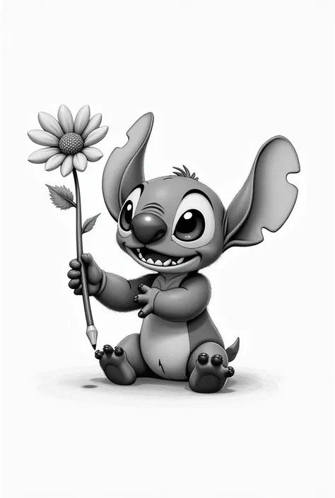 Draw a picture of Stitch holding a flower in the shape of a pencil drawing