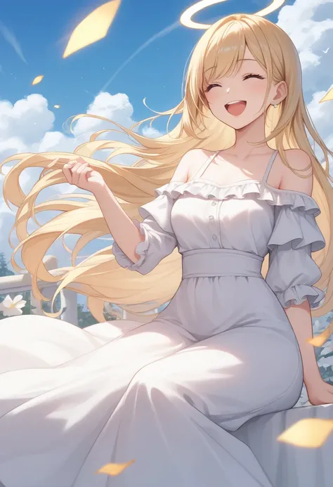 girl,blonde hair,smile,laugh,side parted hairstyle,long hair,angel wing,white dress,off shoulder,long skirt,sky