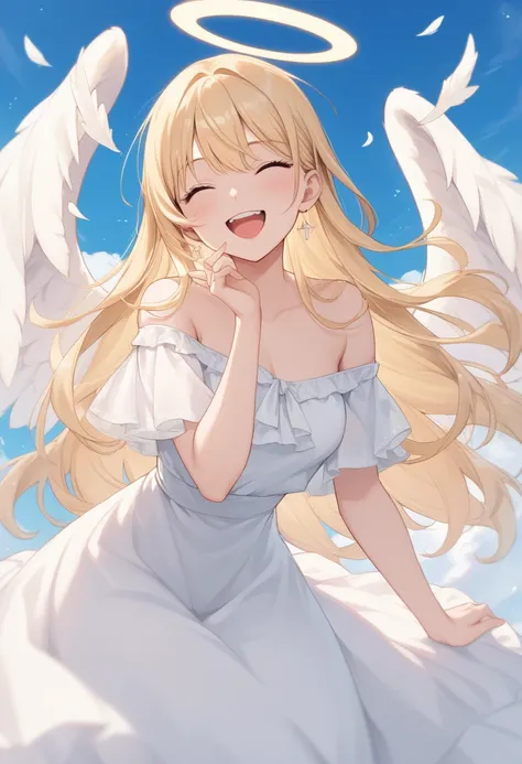 girl,blonde hair,smile,laugh,side parted hairstyle,long hair,angel wing,white dress,off shoulder,long skirt,sky