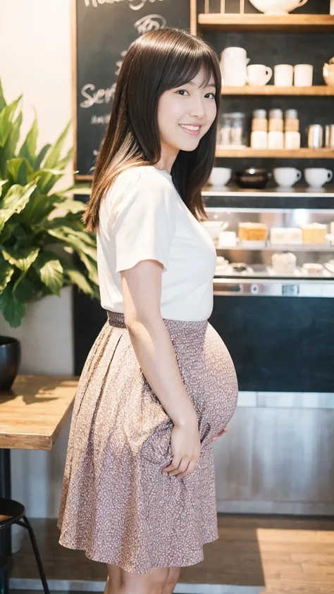 masterpiece, Best Quality, 8K,looking at the viewer,Japanese Lady,20 years old, huge pregnant, Voluptuous, coffee shop background, plain peplum shirt, midi skirt, sweet smile, standing, shoulder length hair