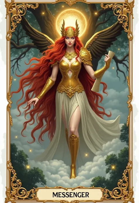  Create the tarot card the messenger ,  an oak tree with long red hair ,  blue eyes and gold armor riding on a white footprint ,  do it in art nouveau style  ,  with white edges on the fourth sides, Make her full body ,  don't cut the edges of the card and...