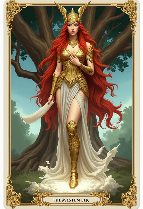  Create the tarot card the messenger ,  an oak tree with long red hair ,  blue eyes and gold armor riding on a white footprint ,  do it in art nouveau style  ,  with white edges on the fourth sides, Make her full body ,  don't cut the edges of the card and...