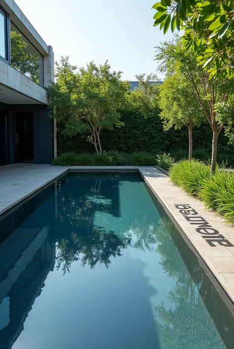 A modern pool with the words “ Asante “ engraved at the side  of the pool