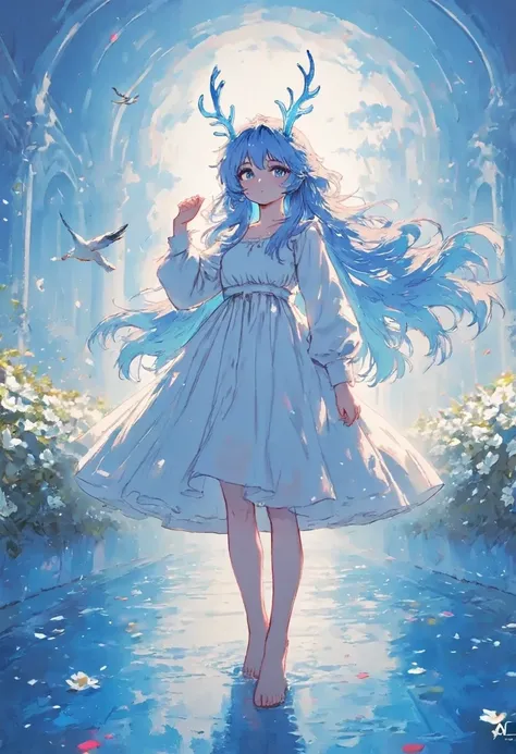 1girl, solo, long hair, bangs, blue eyes, long sleeves, dress, hair between eyes, very long hair, blue hair, Coloured antler,full body,Water surface, flower, barefoot, hand up, white dress, english text, bird, white flower, blue theme ,backlighting,depth o...