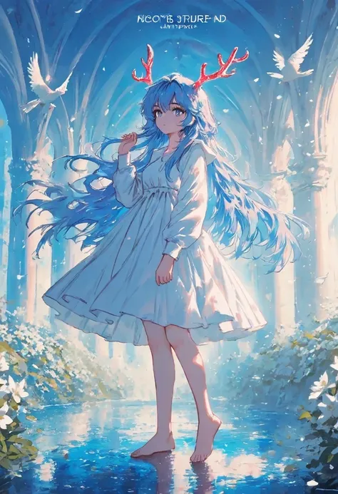 1girl, solo, long hair, bangs, blue eyes, long sleeves, dress, hair between eyes, very long hair, blue hair, Coloured antler,full body,Water surface, flower, barefoot, hand up, white dress, english text, bird, white flower, blue theme ,backlighting,depth o...