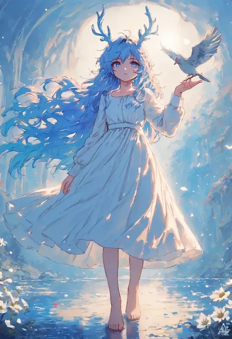 1girl, solo, long hair, bangs, blue eyes, long sleeves, dress, hair between eyes, very long hair, blue hair, Coloured antler,full body,Water surface, flower, barefoot, hand up, white dress, english text, bird, white flower, blue theme ,backlighting,depth o...