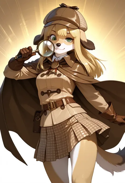 1girl, (furry, kemono:1.4), dog girl, animal nose, dog ears, young female detective, blonde long straight hair, green eyes, wearing a brown detective cape, deerstalker hat, brown gloves, checkered skirt, holding a magnifying glass, dynamic pose, cheerful e...