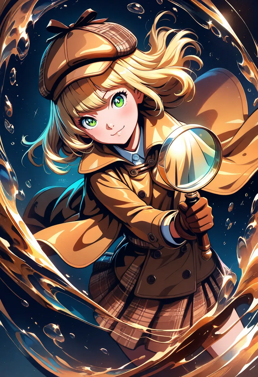 (masterpiece, best quality, ultra-detailed), anime-style, young female detective, blonde long straight hair, green eyes, wearing a brown detective cape, deerstalker hat, brown gloves, checkered skirt, holding a magnifying glass, dynamic pose, cheerful expr...