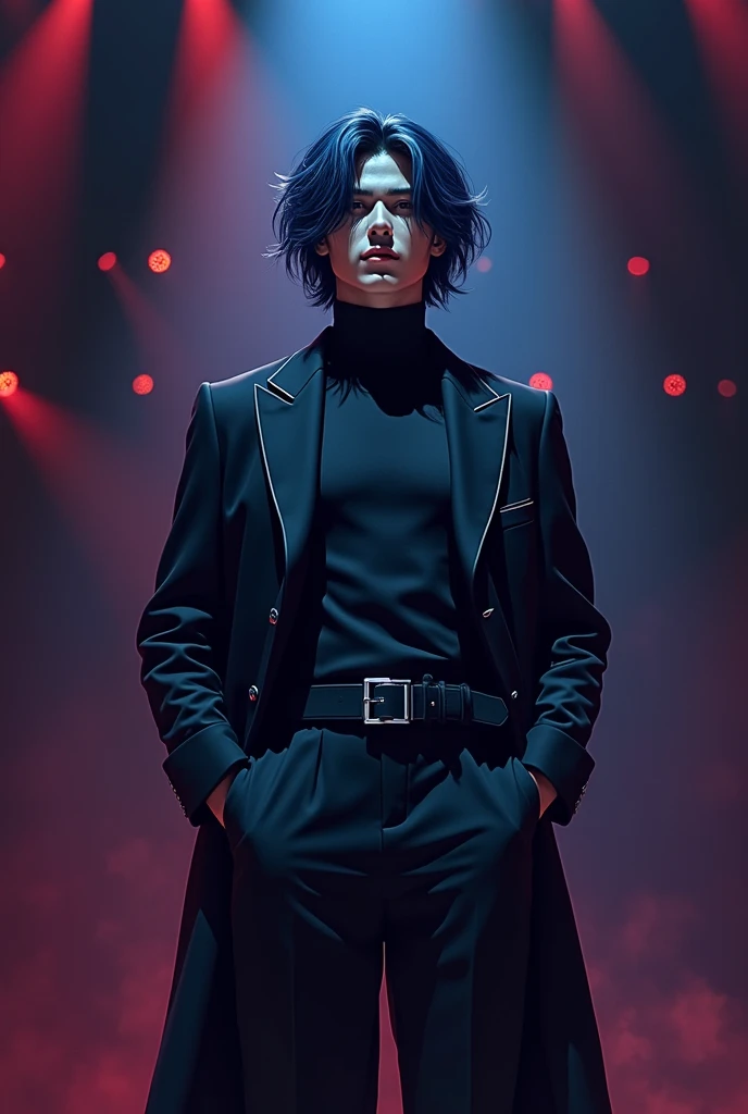 Male idol with dark blue medium short hair on stage, strong presence, confidence, black theme costume, 2D 