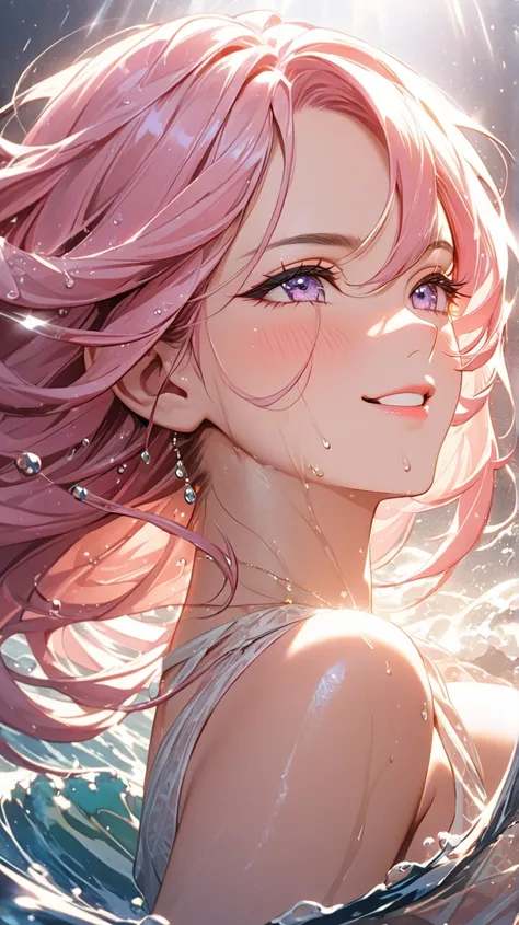 (Highest quality:1.2,Highly detailed,Ultra high resolution,High contrast,Masterpiece:1.2,Best quality,Ultimate aesthetics) A breathtakingly beautiful 29-year-old woman.Flawless,radiant skin with an ethereal glow.Water cascading down her entire body,soaking...