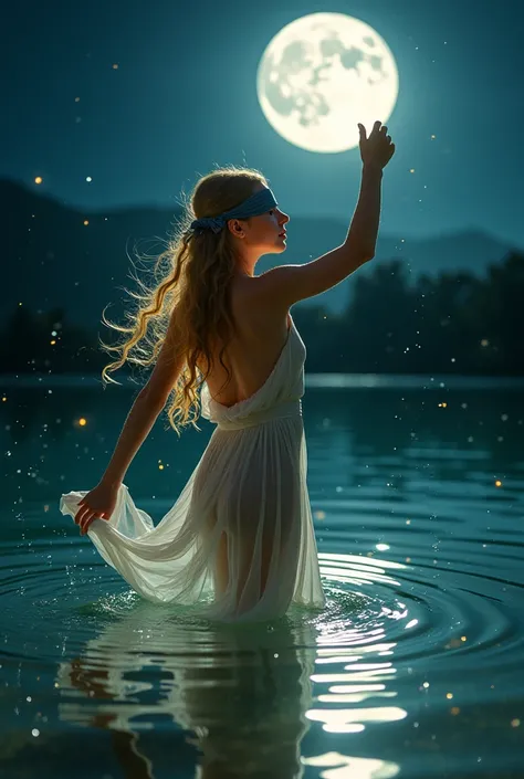  A girl dances valet in a lake of crystal clear water naked , her hair is golden in color ,  she has a blindfold on her eyes and dances at the full moon,  millions of fireflies dance with her ,  she is naked and looking at the moon  