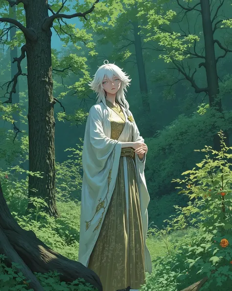 score_9, score_8_up, score_7_up, UHD, 1girl, solo, Masterpiece, UHD, yubu, Perfect hands, Detailed hands, A girl standing in the woods, "She sees the beautiful green of the forest", look away