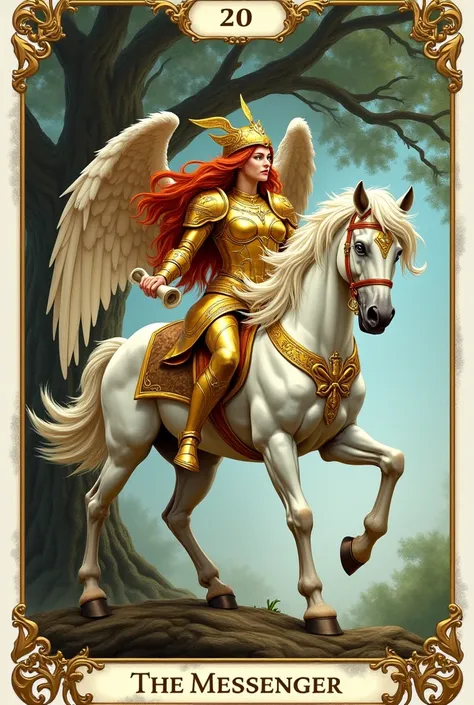  Create the tarot card the messenger ,  an oak tree with long red hair , blue eyes and golden armor riding a white horse with wings,  do it in art nouveau style  ,  with white edges on the fourth sides, Make her full body ,  don't cut the edges of the card...