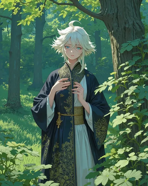 score_9, score_8_up, score_7_up, UHD, 1girl, solo, Masterpiece, UHD, yubu, Perfect hands, Detailed hands, A girl standing in the woods, "She sees the beautiful green of the forest", look away