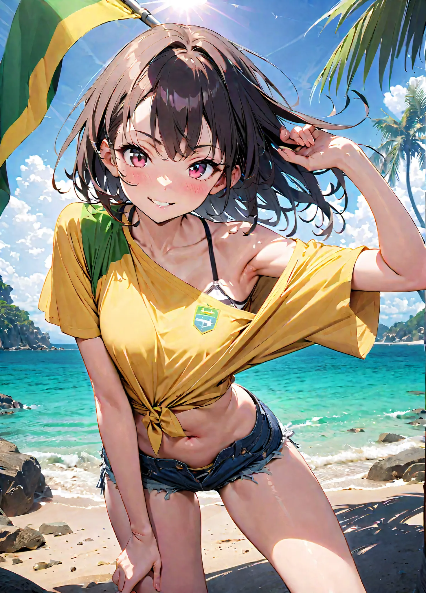 1girl, solo, murasansei, yellow shirt, tied shirt, short sleeves, flag print, brazilian flag, single off shoulder, bikini under clothes, denim, cutoffs, open fly, navel, standing contrapposto, looking at viewer, seductive smile, hand on own hip, fingernail...