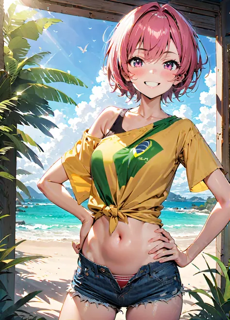 1girl, solo, murasansei, yellow shirt, tied shirt, short sleeves, flag print, brazilian flag, single off shoulder, bikini under clothes, denim, cutoffs, open fly, navel, standing contrapposto, looking at viewer, seductive smile, hand on own hip, fingernail...