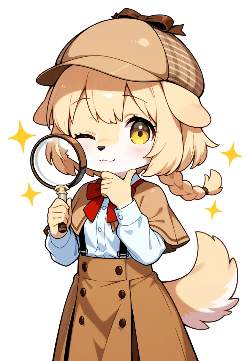 1girl, (furry, kemono:1.4), dog girl, animal nose, dog ears, magnifying glass, hat, solo, holding magnifying glass, one eye closed, white background, detective, blonde hair, skirt, simple background, holding, bow, capelet, shirt, deerstalker, long sleeves,...