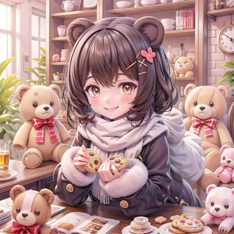 A cute little bear, Eat cookie, smiles, in the room, A whole bunch of teddy bears