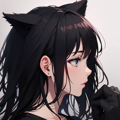 Profile,one person,black t shirt,Black and white hair,Cat ears,girl