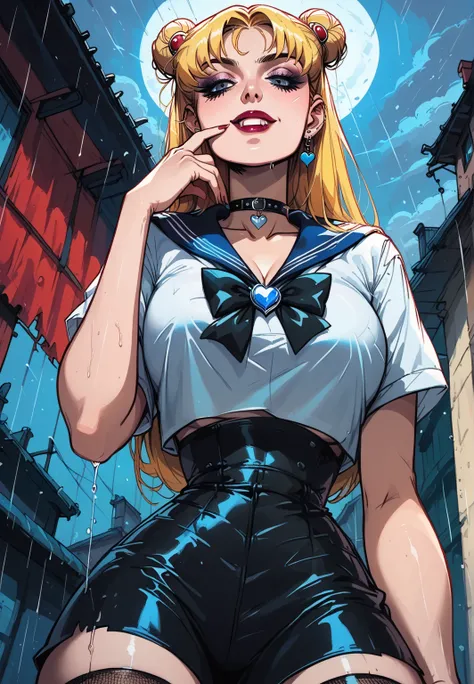  score _9,  score _8_below,  score _7_below,  score _6_below, sailor moon ,goth make up,    long blond hair ,   choker  , clothing goth ,  spitting,    huge breasts, ( Tilt your body forward  ,  hand on the chin ), mistress spit, stockings,   narrow waist ...