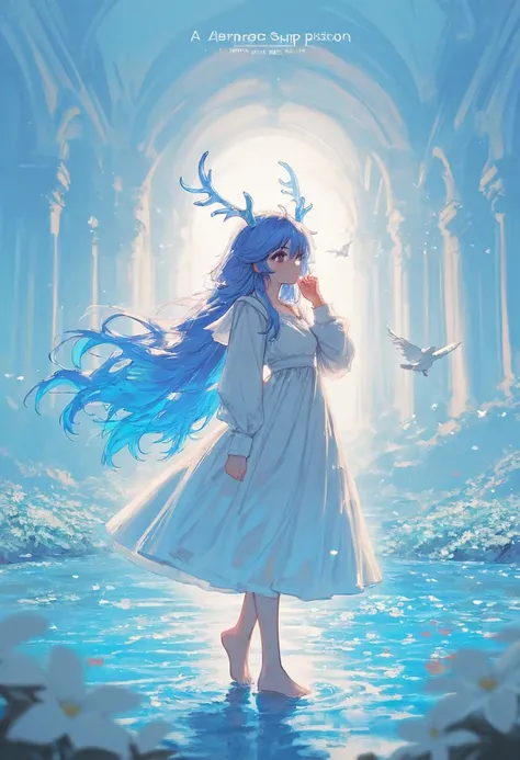 1girl, solo, long hair, bangs, blue eyes, long sleeves, dress, hair between eyes, very long hair, blue hair, Coloured antler,full body,Water surface, flower, barefoot, hand up, white dress, english text, bird, white flower, blue theme ,backlighting,depth o...