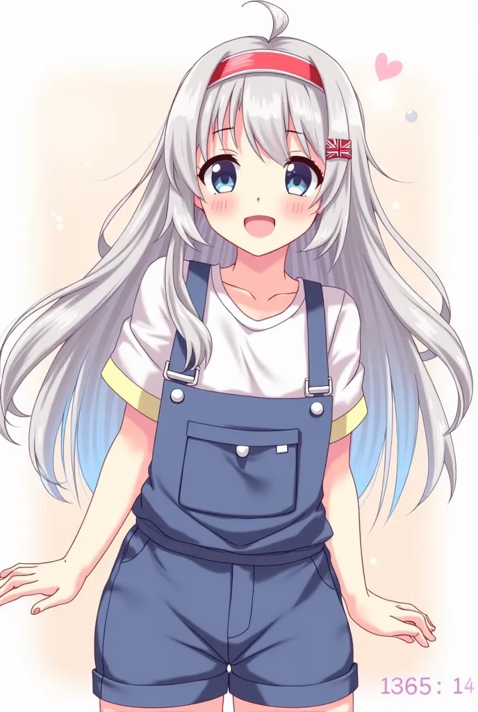 Smiling girl with long gray hair and a headband in anime style bib shorts