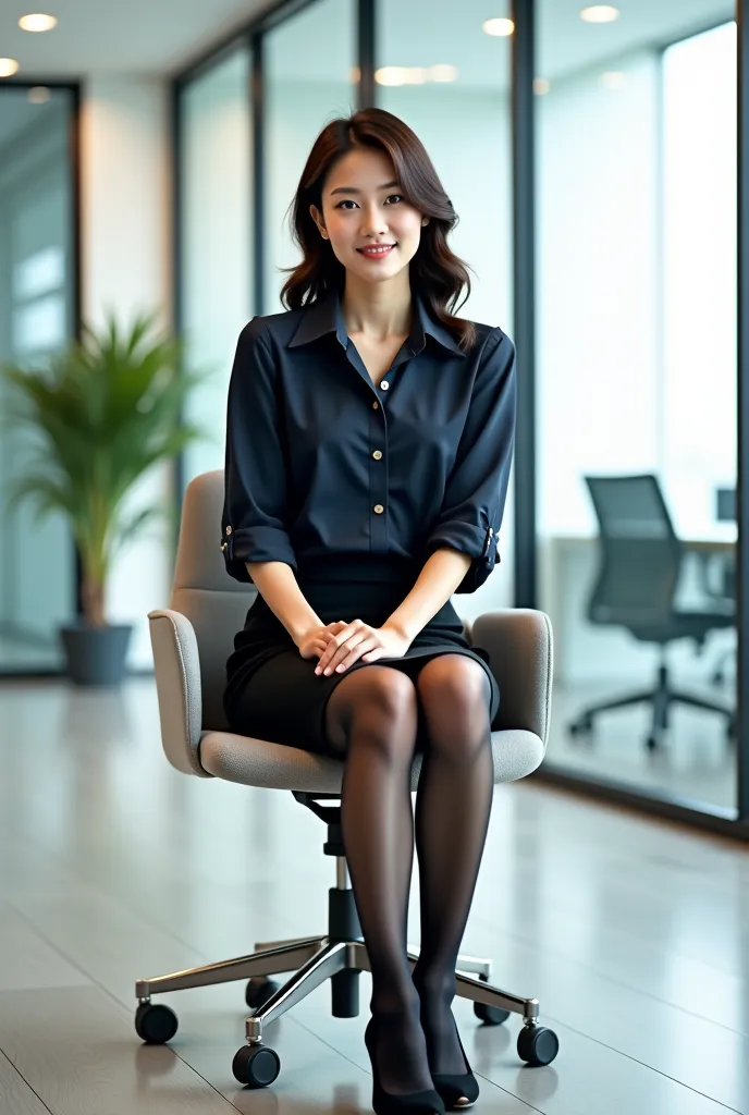 A25-year-old Japanese woman with a well-groomed face and large eyes that are characteristic and very beautiful

masterpiece best quality, photorealistic business portrait featuring an adult female model seated on an office chair in a modern workspace. The ...