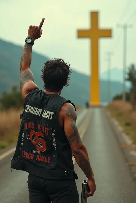 Generate a Motoclube member with their backs wearing a black vest pointing their index finger at the sky and in the background there is a huge yellow cross at the end of a road.