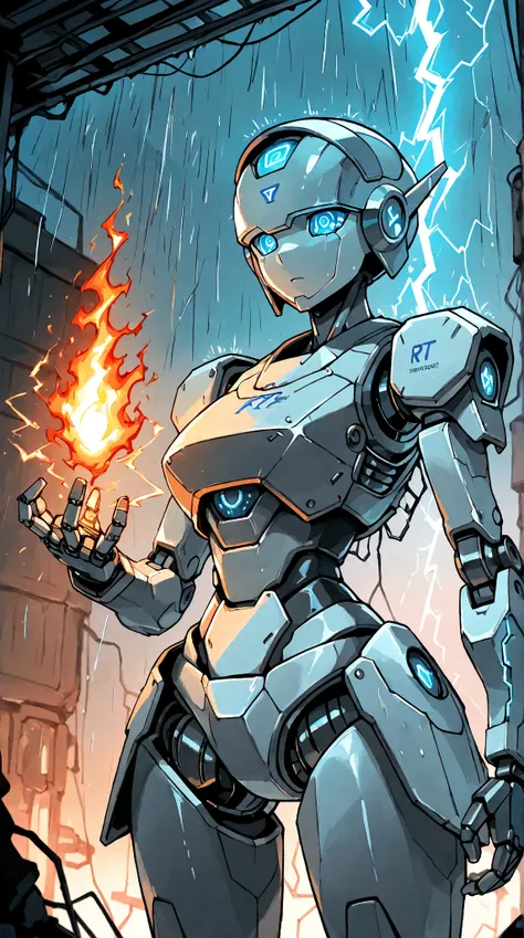   masterpiece of the best quality , AnchorageV4,  1 girl, Alone,  armor , (( girl is a robot :1.3)), ((Electrical circuit :1.3)), ((magic, RTX, color, post-processing)),  mechanical arms ,  mechanical hands , Fire, Performance, Stadtgasse , night, rain, th...