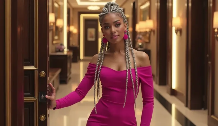 Character: A young woman with a striking appearance, wearing a vibrant pink off-shoulder dress with long sleeves. Her hair is styled in long, elaborate silver or white braids, and she wears pink earrings. She has an elegant and confident expression while o...