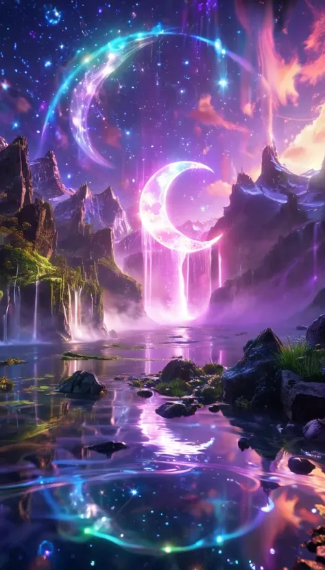 Highlights the overall rainbow colors  ,Here's another enchanting idea for you: Visualize a **gigantic crescent moon** resting on a **crystal-clear lake**, its surface reflecting the moon’s soft ** silver sparkles **. From the tip of the moon, a **magical ...