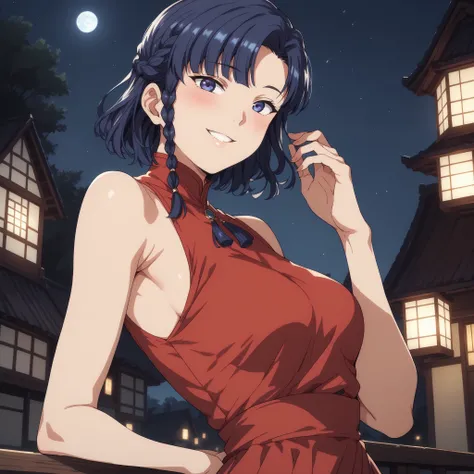 blush, parted lips , smile,
Alone ,
SakuraMiyajima,1 girl, Blue Hair,  Medium Hair,  high neck dress ,  braid,  of foot ,  night ,  red dress 