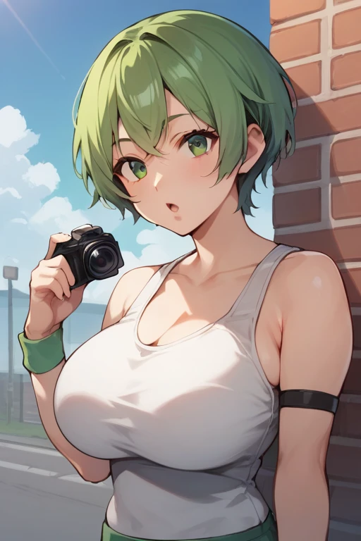  score_9,  score_8_up,  score_7_up,  score_6_up,  source_Anime,  1 girl, Alone,   Gold,  split bangs on a small penis,  SHORT HAIR,  white tank top,  sleeveless that conceals wrists,   wristband  , Chest,  big breasts,  green eyes,  has camera , The chestn...