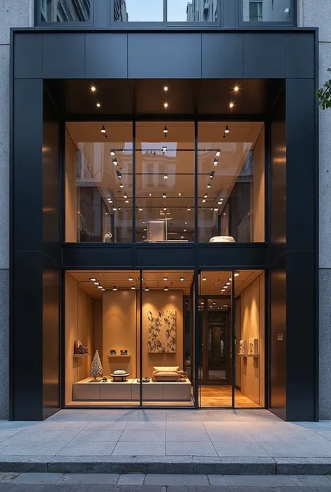 a modern and minimalist shop facade, simple and elegant architecture, clean lines, glass and steel construction, large display windows, recessed entrance, geometric patterns, backlit signage, contemporary lighting, urban city setting, high contrast colors,...