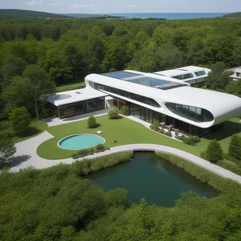  The resort designed by Zaha Hadid is located in a bowl-shaped environment,  The house is located in the center of the green island ,  surrounded by a small lake ,  Reality,  Trees around the lake , People walk , 