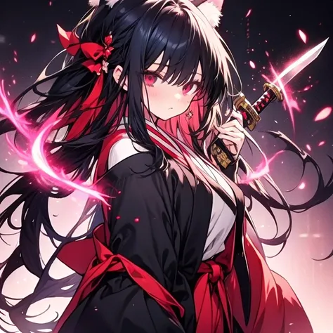 anime catgirl with long black hair and red eyes holding a sword, she is holding a katana sword, anime style 4 k, anime visual of a cute girl, anime wallpaper 4k, anime wallpaper 4 k, anime art wallpaper 8 k, 4k anime wallpaper, holding a sword on her shoul...