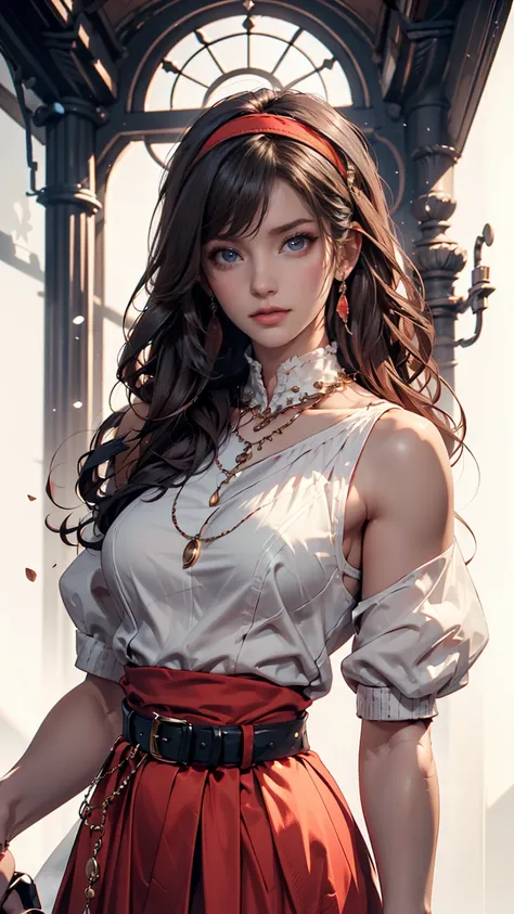  top quality, High precision, masterpiece, super high resolution,Alone,(Delicine eyes),( white background:1.3),red eyes, standing, belt skirt ,[trench coin:20],  jewelry,  moles_Down_eye,  accurately _in_viewer, Frilled_ headband, earrings