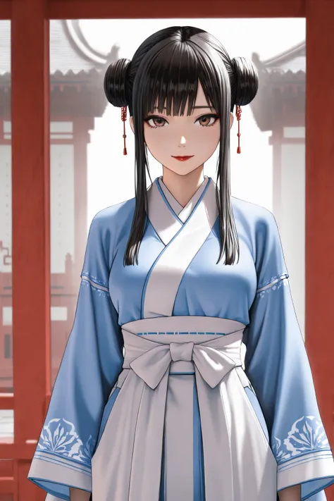 1 ,     alone,     Masterpiece,     fringe,    ultra realistic, silky hair, Chinese,  miko,   Black hair , Bun with hashi ,  brown eyes,  red lipstick, blue kimono,  white stripes,  slim body,  detailed medium breasts, Slight smile standing , rocky mountai...