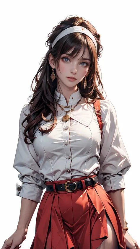  top quality, High precision, masterpiece, super high resolution,Alone,(Delicine eyes),( white background:1.3),red eyes, standing, belt skirt ,[trench coin:20],  jewelry,  moles_Down_eye,  accurately _in_viewer, Frilled_ headband, earrings