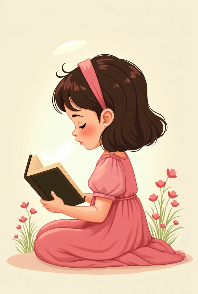 Girl in pink dress holding bible seated sideways ,Praying cartoon
