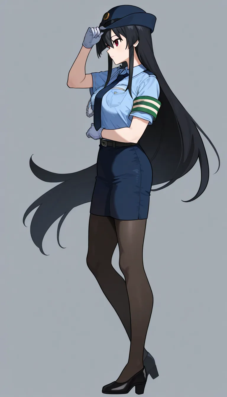 1girl, Akame,red_eyes, black_hair, very_long_hair, hair_between_eyes ,police, police uniform, policewoman, uniform, japan national police, gloves, white gloves, police hat, hat, shirt, collared shirt, black necktie, pocket, blue necktie, breast pocket, sho...