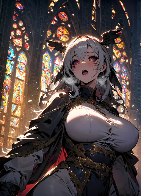 solo,1girl,mm,mature female,large breasts,heavy breathing,volumetric lighting,baa mask,extra eyes,wings,head wings,covered eyes,colored sclera,stained glass,cathedral,light grain,top light,catholic,spread arms,open mouth,low light,masterpiece,best quality,...