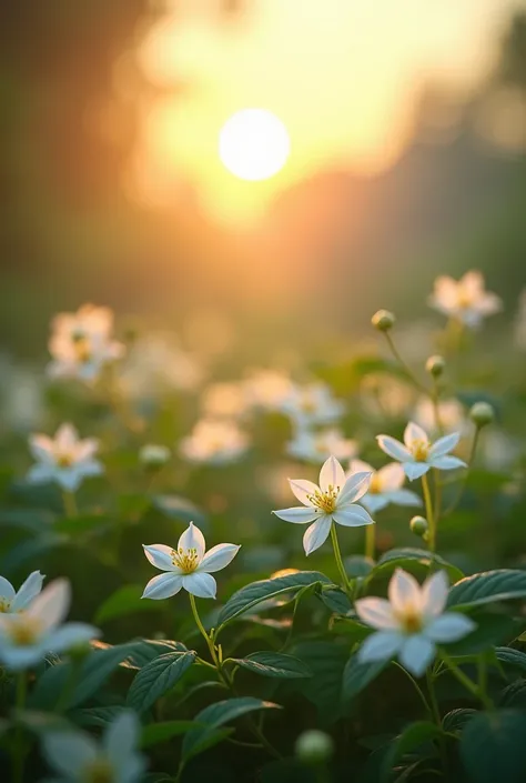 The sun rises slowly over a garden full of bloomong jasmine flowers
