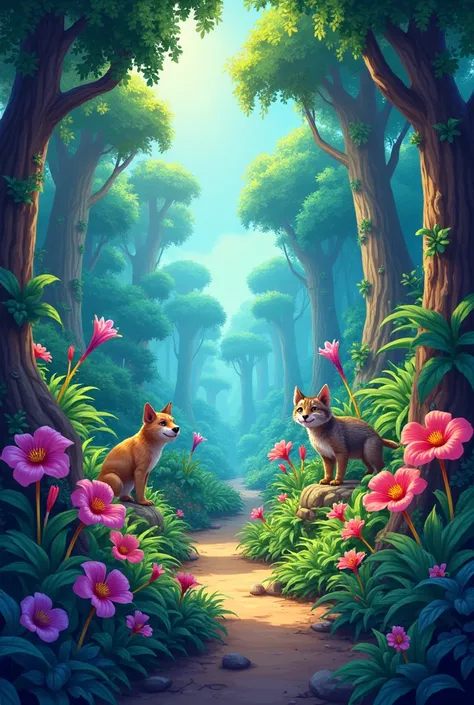 jungle cartoon atmosphere wild plants violet and bright rich green color in plants