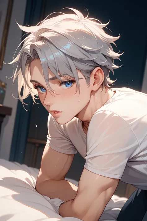 A good-looking boy with gray hair, blue eyes, and a manly body is having anal sex、 on all fours、Close your eyes tightly while blushing、 painful expression from the side of the lips