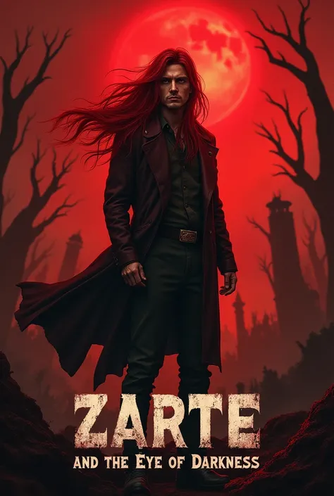 on the cover,  Zarte is in the center ,  with his intense red hair ,  flowing lightly as if touched by an invisible force . Your look is unique and grounded. 

 The setting in the background remains dark and post-apocalyptic ,  with ruins and dead trees sh...