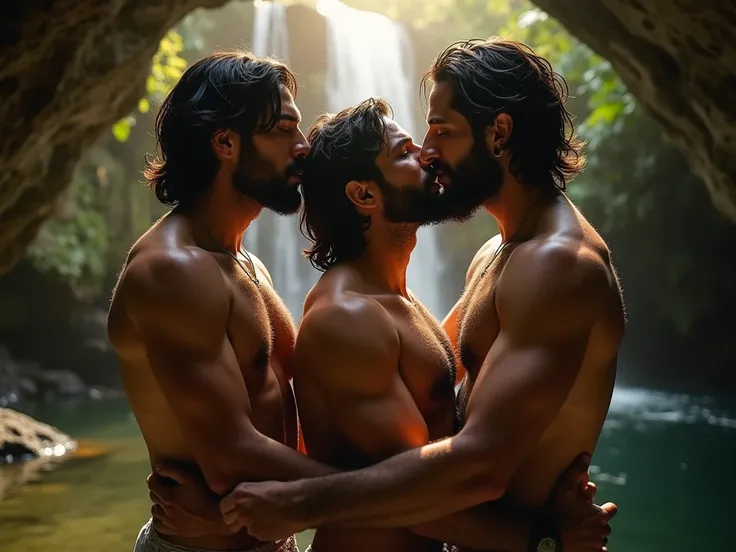 Three handsome men with beards, men look at each other with a lot of lust with their eyes closed, her sensually shaped body , inside a cave with a waterfall in a jungle with orange and visible light,  with two tall men , two romantic muscular men ,  with b...