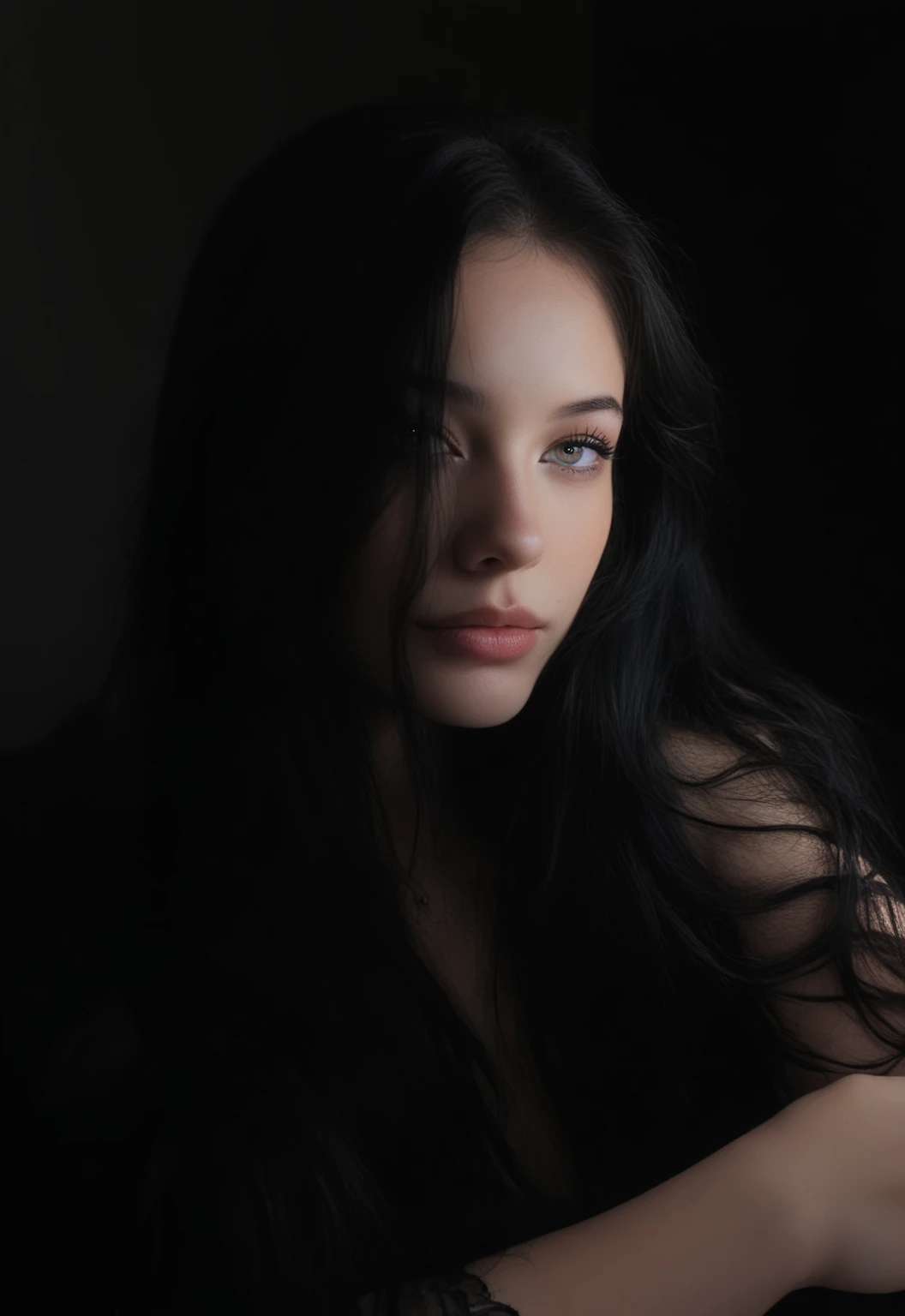 a woman very long with black hair, woman with black hair, young woman with long dark hair, with haunted eyes and dark hair, portrait soft low light, haunting beautiful young woman, female with long black hair, sultry expression, dark-hair, dark - hair, sho...